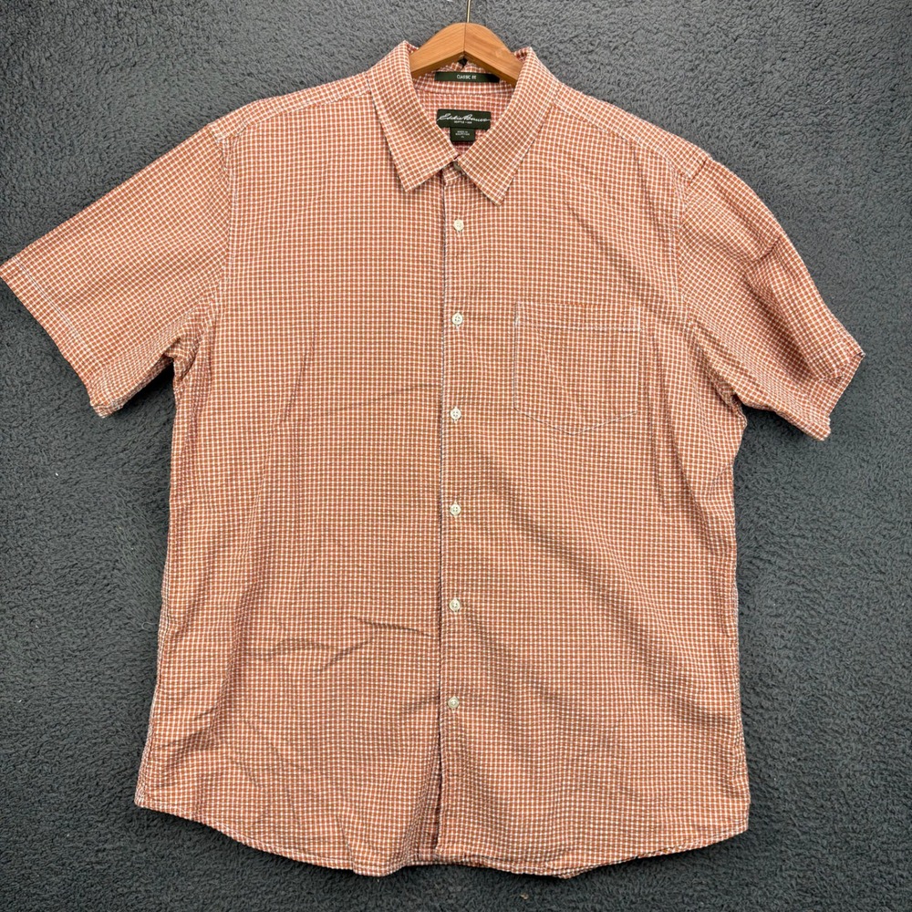 Eddie Bauer Mens XL Classic Fit Short Sleeve Button Down Shirt Orange Gingham